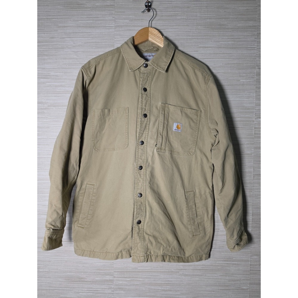 Carhartt Work Shirt Jacket Mens M Tan Rugged Flex Canvas Fleece Lined Snap Front